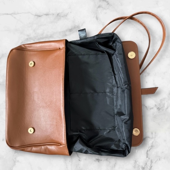 FREE ✅Elegant Tan Satchel with Smooth Vegan Leather and Flap Closure - Picture 4 of 15